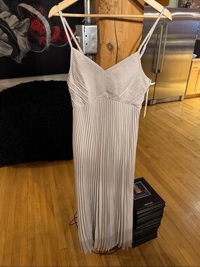 Black Tape_ Pleated Spaghetti-Strap Maxi Dress in Light Beige